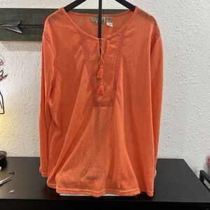 Life Style Orange Apricot Shirt Top Knit Lace Tassels Long Slv Plus 3X